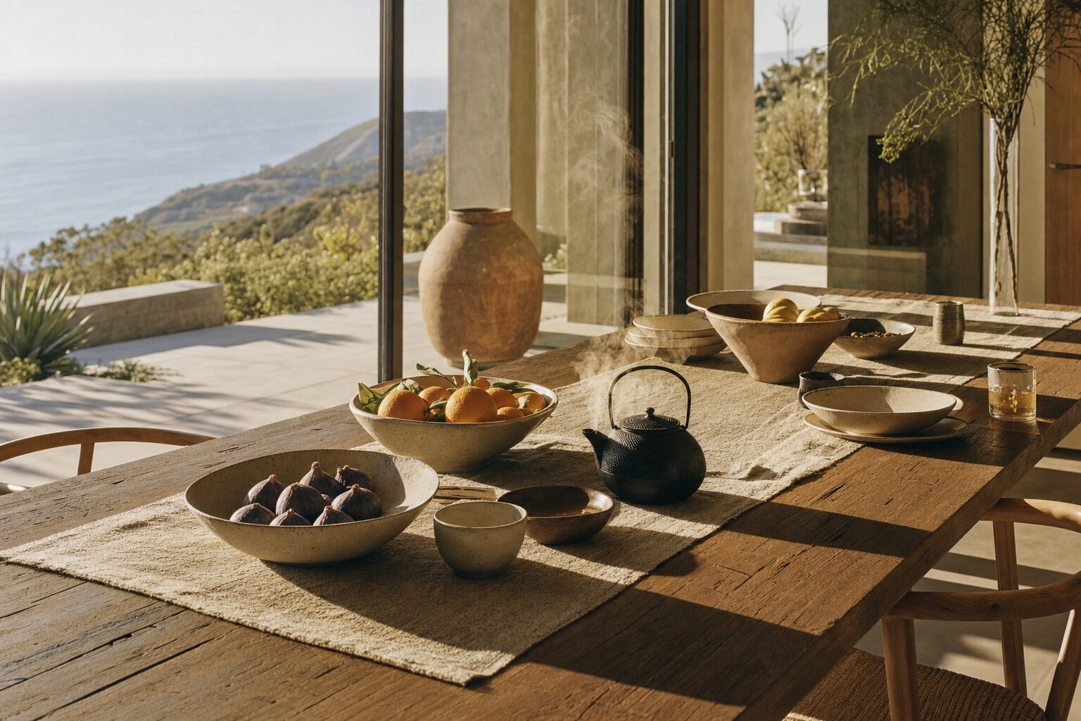 Long oak dining table set with ceramic bowls of figs and citrus, ocean view
